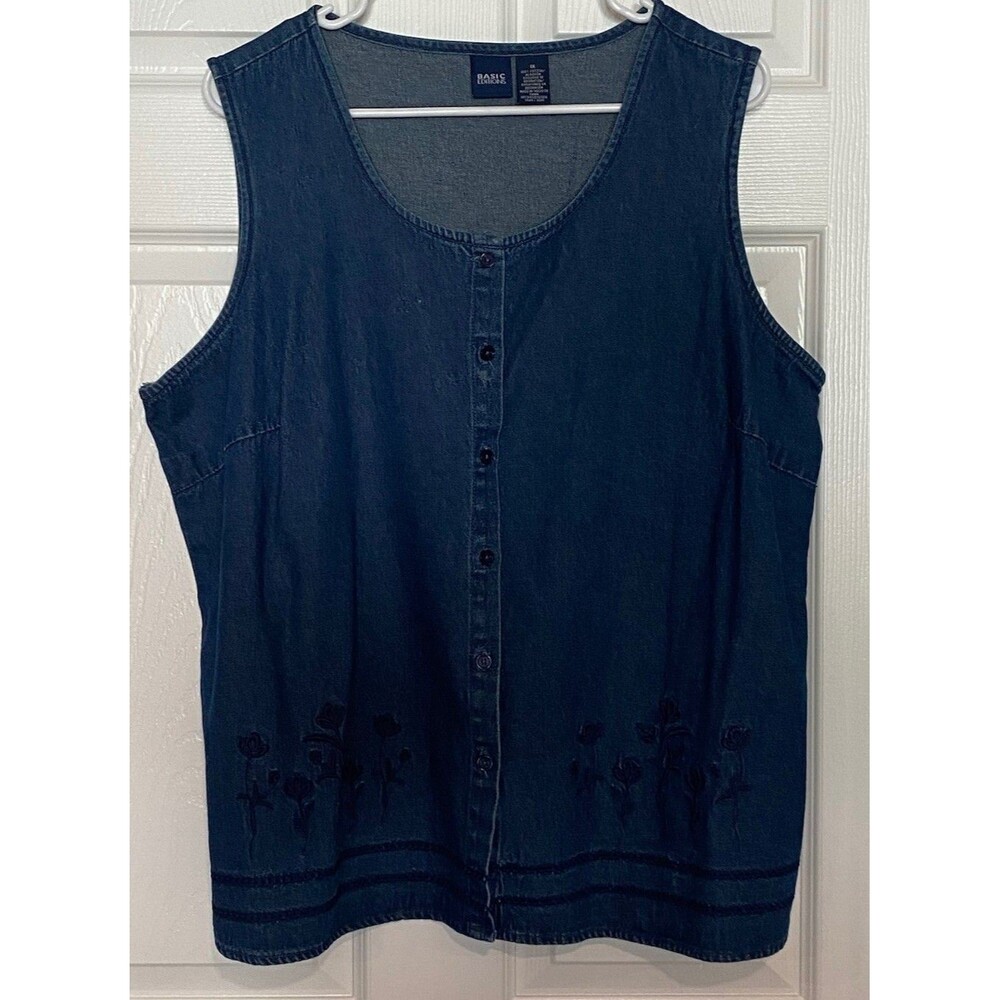 Vintage Denim Blue Button Fitted Vest 1x Cottage Core Granny Core Cotton
